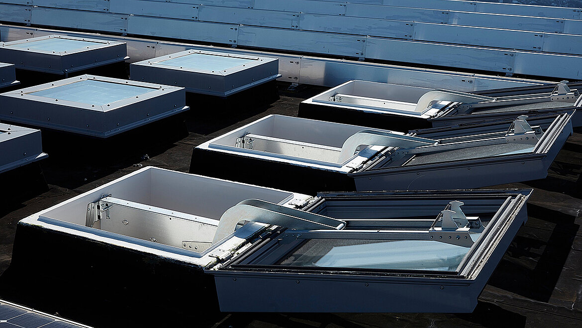 LAMILUX Skylight Domes on flat roof with integrated smoke and ventilation elements