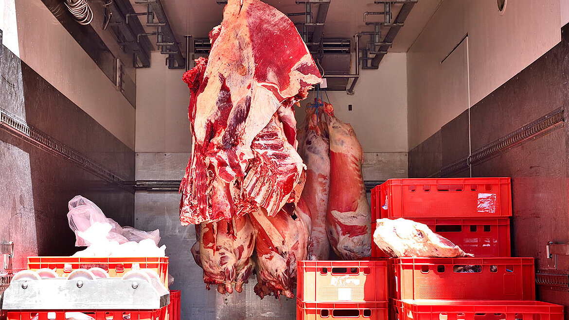 meat truck Pig halves in meat hanging vehicle