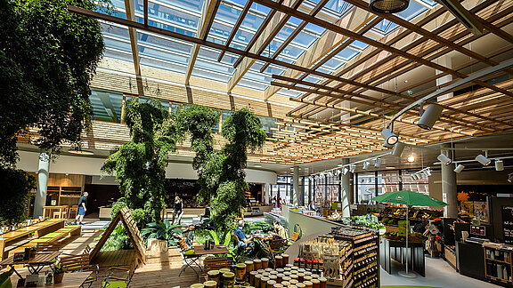 Interior of the Byodo organic food store in Mühldorf with plants, natural light, and wooden elements.