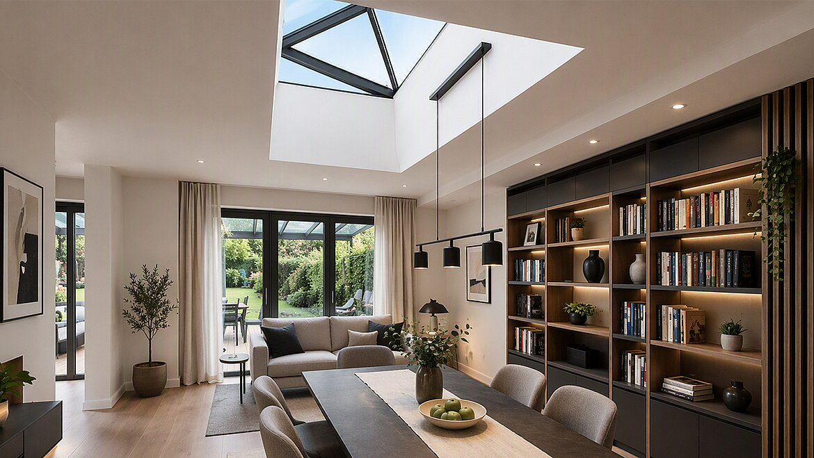 Bright open-plan living room with lantern rooflight, dining table, grey sofa, built-in bookcase and garden view
