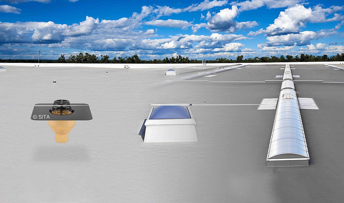 Drain, skylight dome and continuous rooflight on flat roof | insights by LAMILUX
