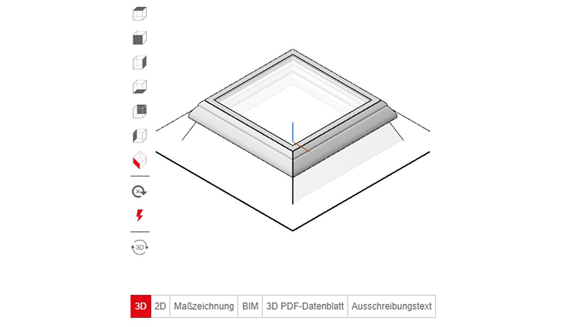Planning view in the LAMILUX BIM product configurator Flat Glass Skylight F100 as BIM model and in various drawing formats | insights by LAMILUX