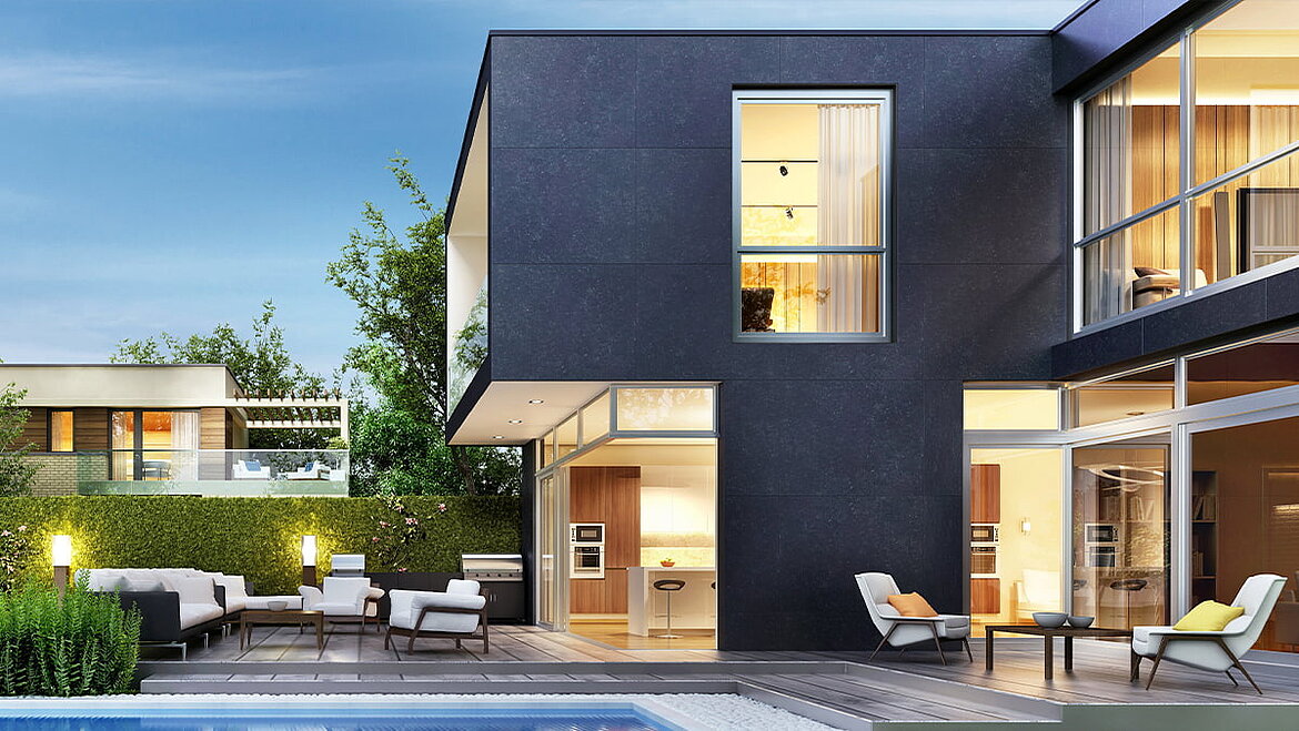 LAMILUX Texture Wall is used as a sandwich wall construction for modular building. Illuminated house | insights by LAMILUX