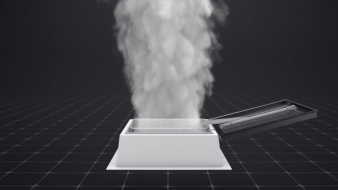 Domelights, arcade rooflights or flat roof windows with integrated smoke and heat extraction provide smoke protection. Opened skylight dome allows smoke to escape | insights by LAMILUX