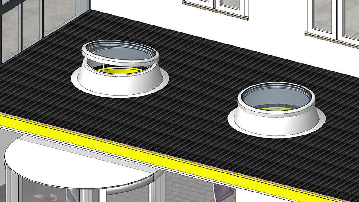 BIM model of a round flat roof window in top view LAMILUX Glass Skylight F100 circular as BIM model in installed condition | insights by LAMILUX