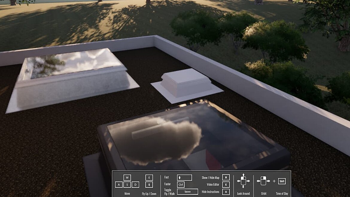 Virtual reality planning of a flat roof window LAMILUX Glass Skylight F100 in Virtual Reality VR | insights by LAMILUX