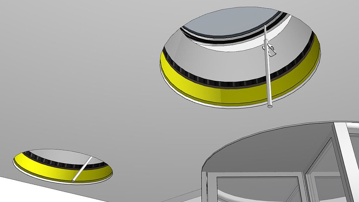 BIM model of a round flat roof window in the interior LAMILUX Glass Skylight F100 as BIM model with view of the interior cladding | insights by LAMILUX