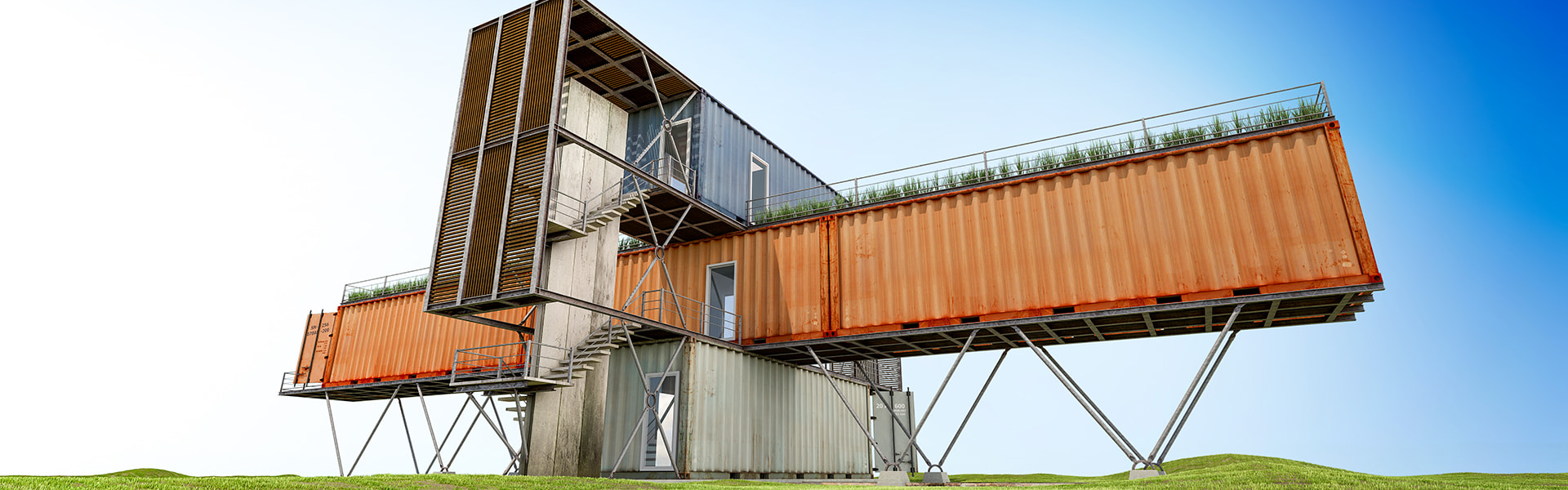 Besondere Architektur aus Modulen von Containern auf freier Wiese | insights by LAMILUX