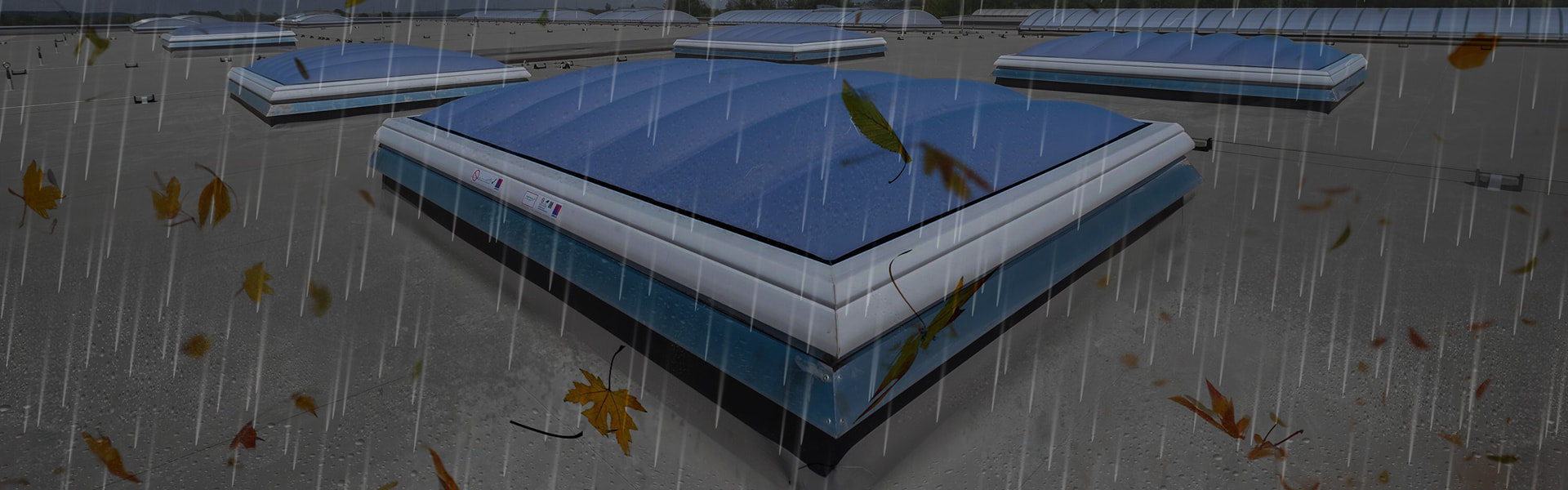 Flat roof during a thunderstorm with rain and lightning