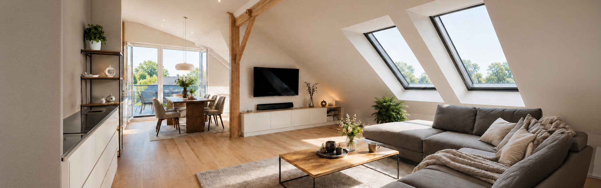 A bright attic living room with exposed wooden beams, skylights, a grey sofa and an open-plan layout