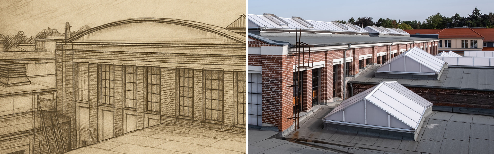 Historic sketch and modern view of an industrial building with sawtooth roof