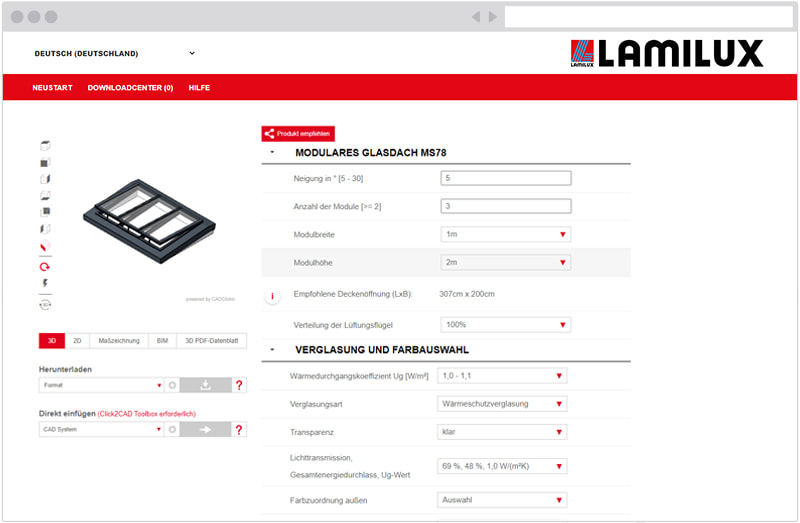 LAMILUX configurator Modular Glass Skylight MS78
