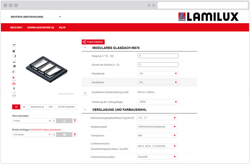 Product configurator Modular Glass Skylight MS78 Illustration