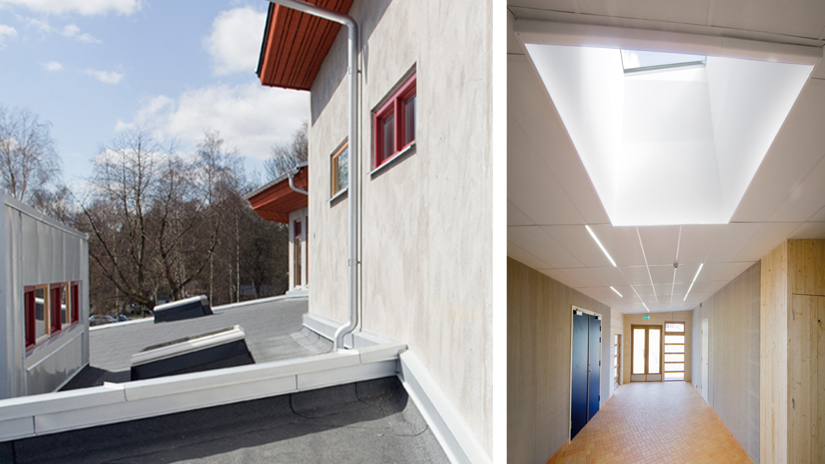 flat roof window f100 at a school in hoor lamilux