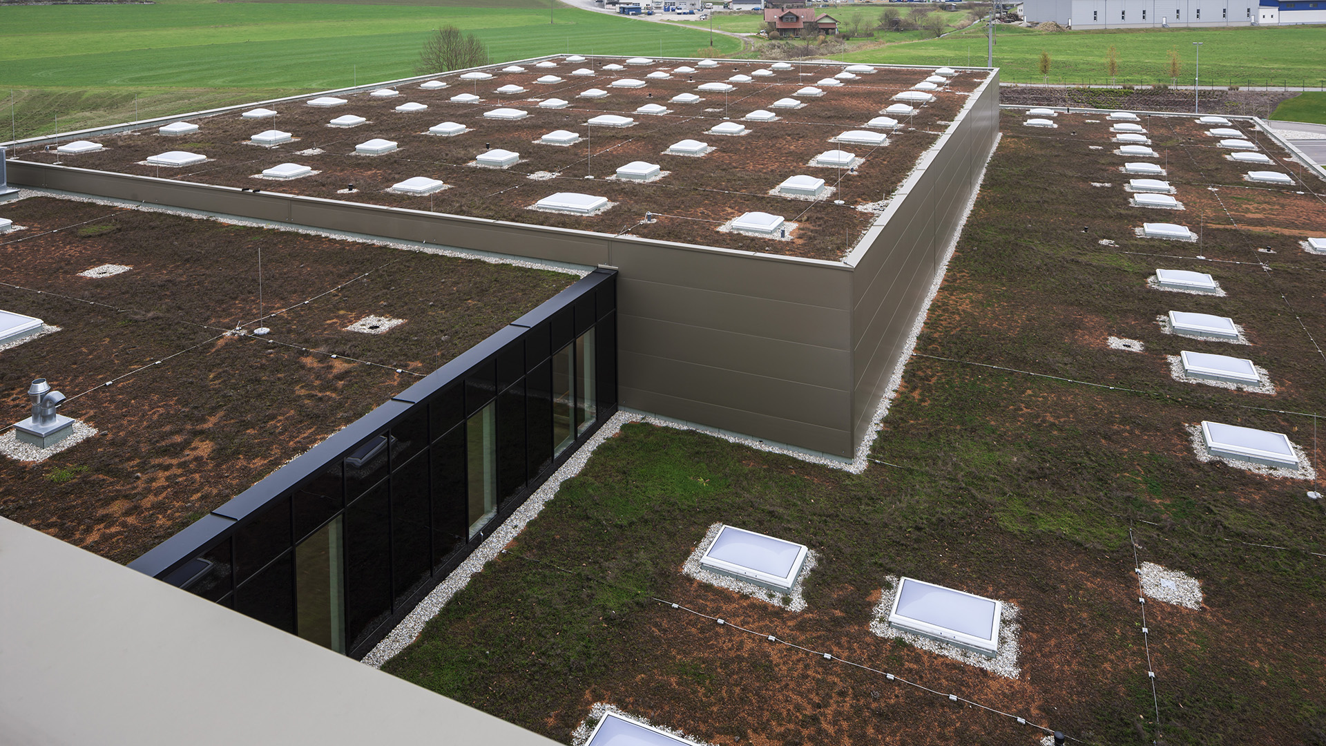 Exterior view of the roof of the Zaltech building in Moosdorf, Austria, with LAMILUX F100 flat roof windows and FE round flat roof windows.