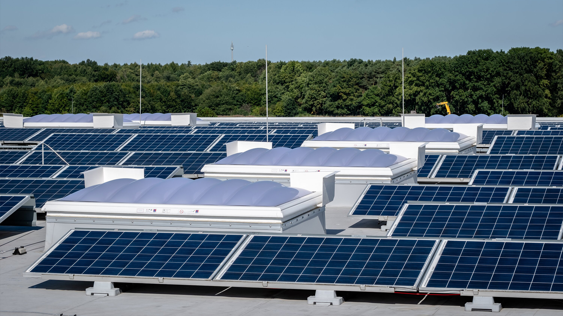 Blick auf Solarpanelle und wellenförmige Lichtkuppeln